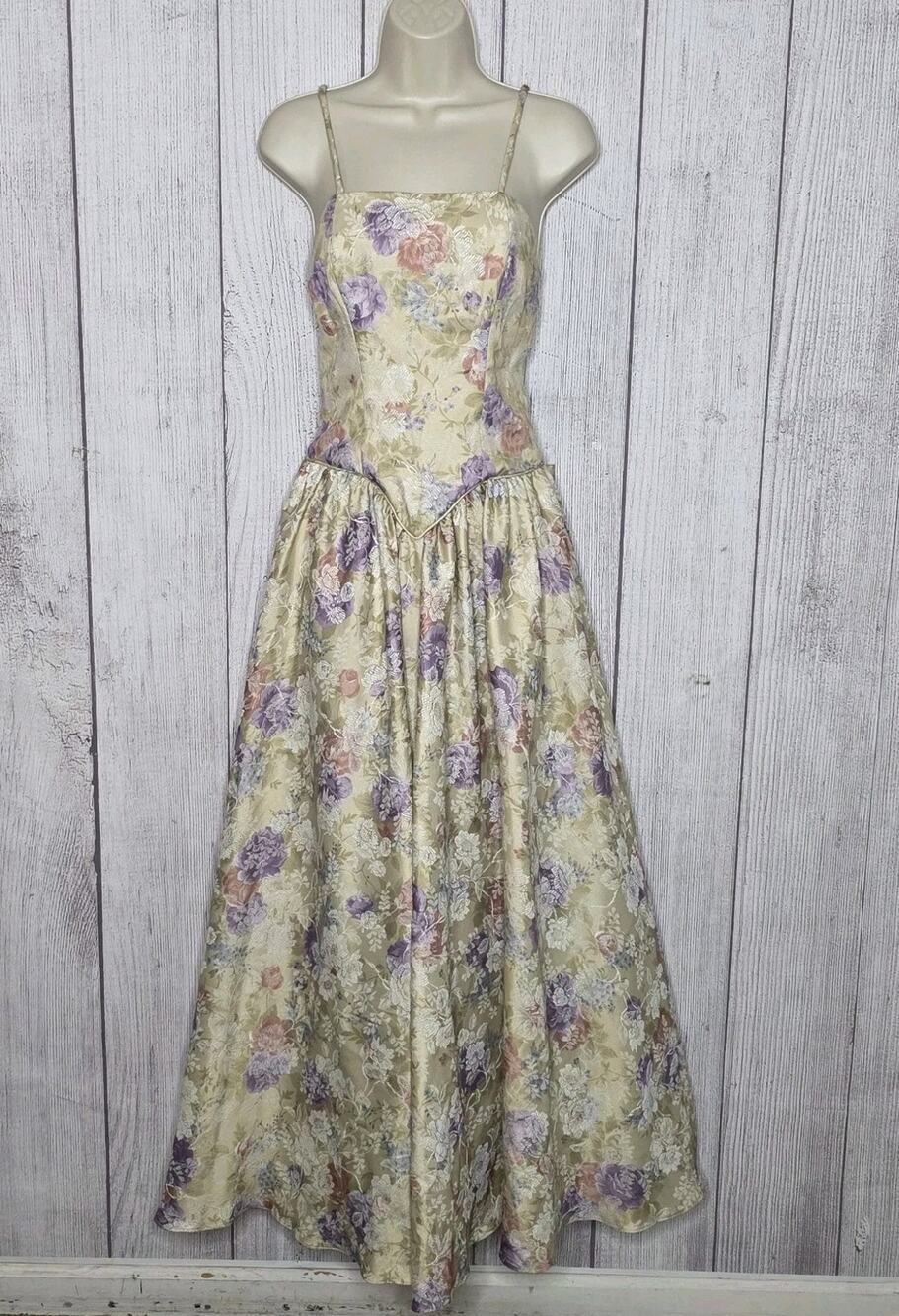 VTG 80s 90s Vivian Dessy Diamond Floral Brocade Ball Gown Bow Prom Dress